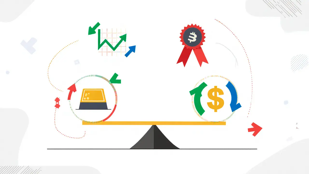 Весы с четырьмя символами инвестиций: акции, облигации, золото и валюта, находящиеся в равновесии.