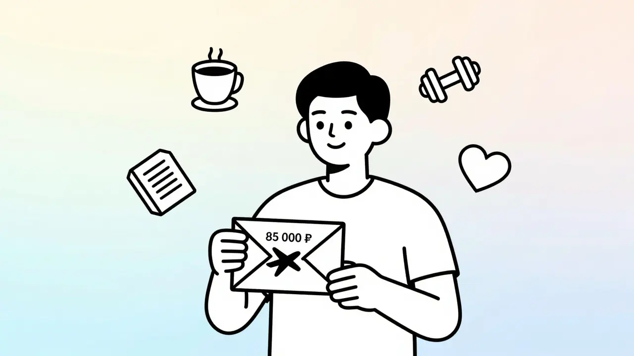 Человек держит конверт с 85 000 рублей и символами целей: самолет, кофе, книга.