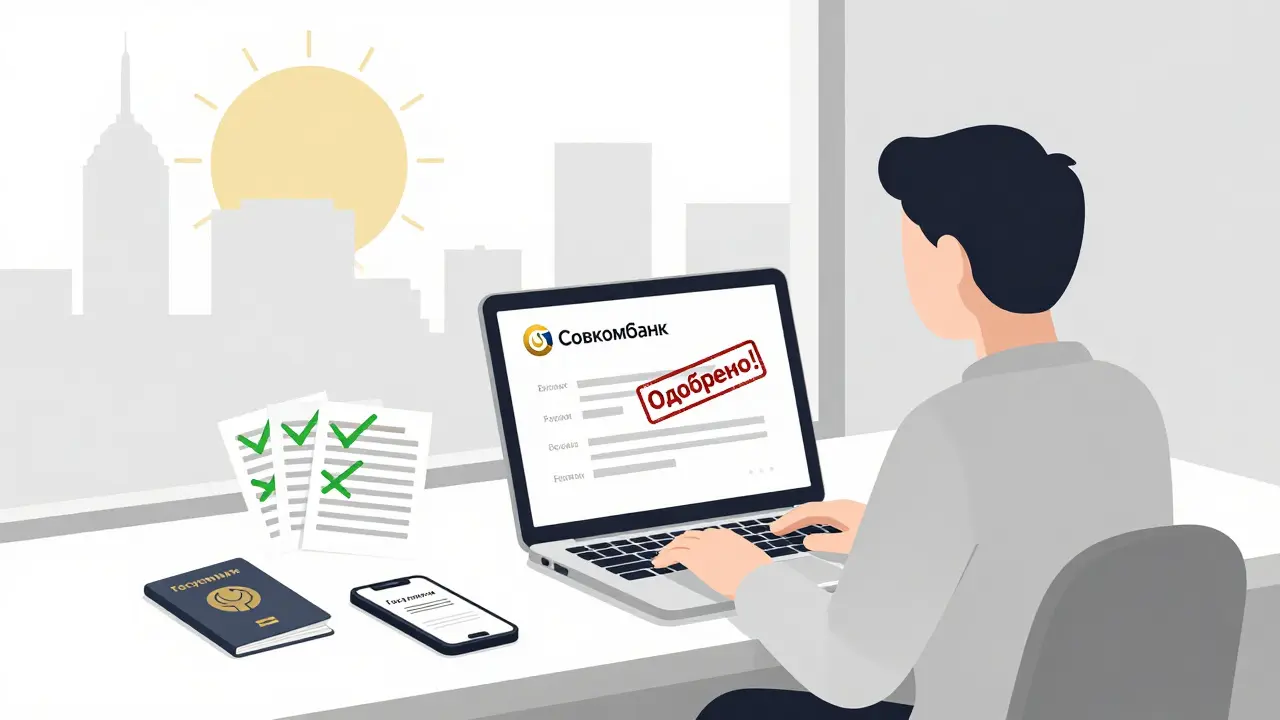 Человек на ноутбуке с одобрением рефинансирования, паспорт и госуслуги на столе.