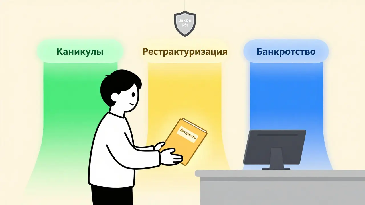 Человек подает документы в банк, перед ним три пути выхода из долговой ямы: каникулы, реструктуризация и банкротство.