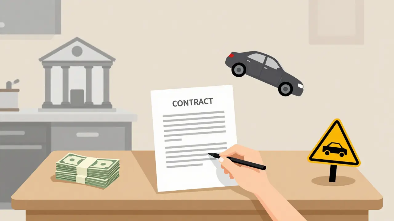 Человек подписывает договор, рядом — деньги и предупреждение о риске потери авто.