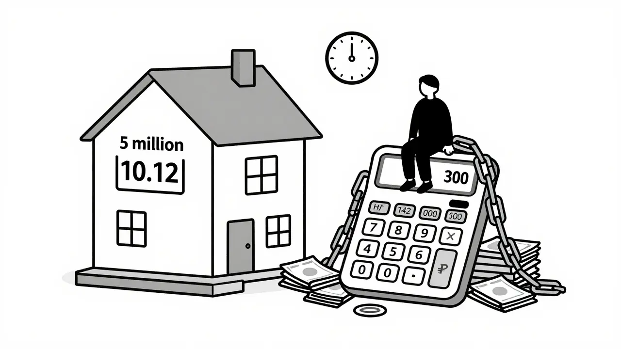 Человек сидит на калькуляторе с долгом 10,12 млн, надпись: квартира 5 млн, платежи — 142 тыс. в месяц.