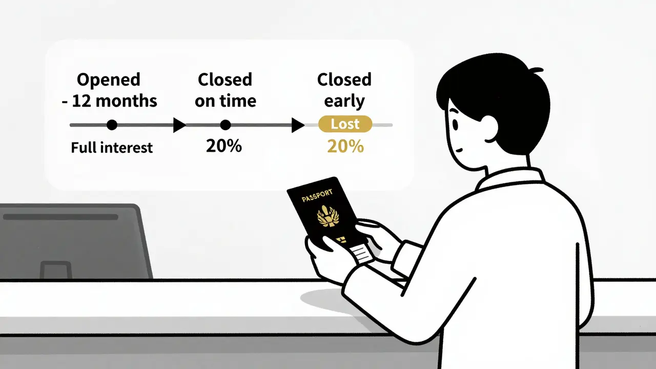 Человек закрывает вклад вовремя — схема показывает разницу между полными и потерянными процентами.