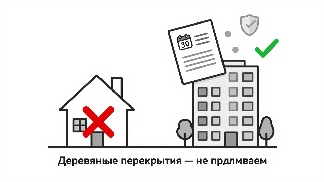 Дом с деревянными перекрытиями отвергнут, современная квартира одобрена для ипотеки.