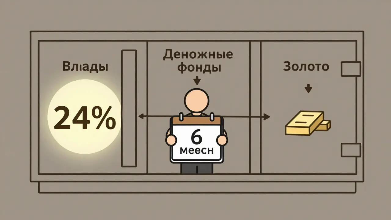 Минималистичная иллюстрация: банковский сейф с тремя типами инвестиций и календарём