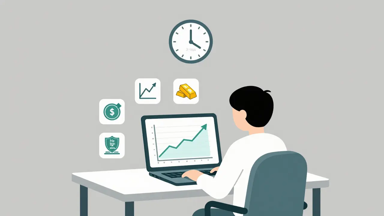 Минималистичная иллюстрация: человек с портфелем и пятью символами инвестиций, часы показывают 3 года
