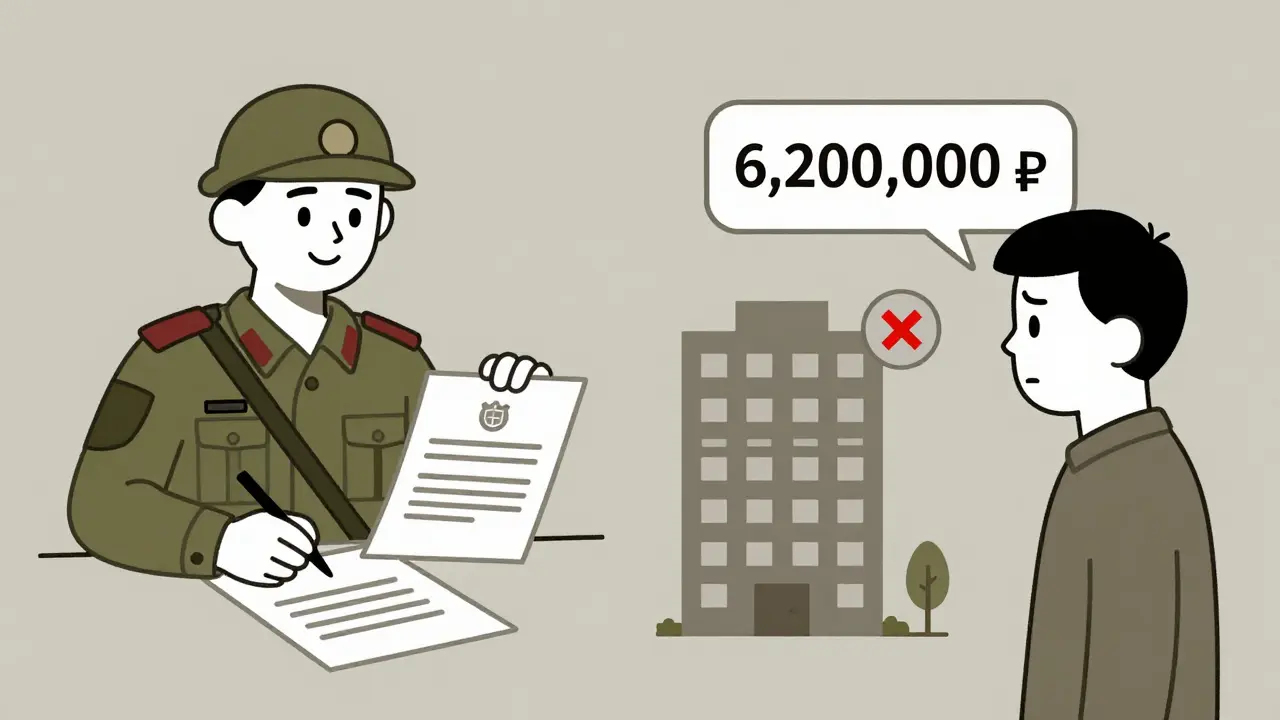Разделённая сцена: военный подписывает ипотеку и человек смотрит на высокую цену квартиры.