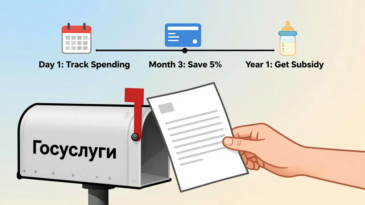 Рука кладет документ в почтовый ящик Госуслуг, над ним — этапы финансового пути.