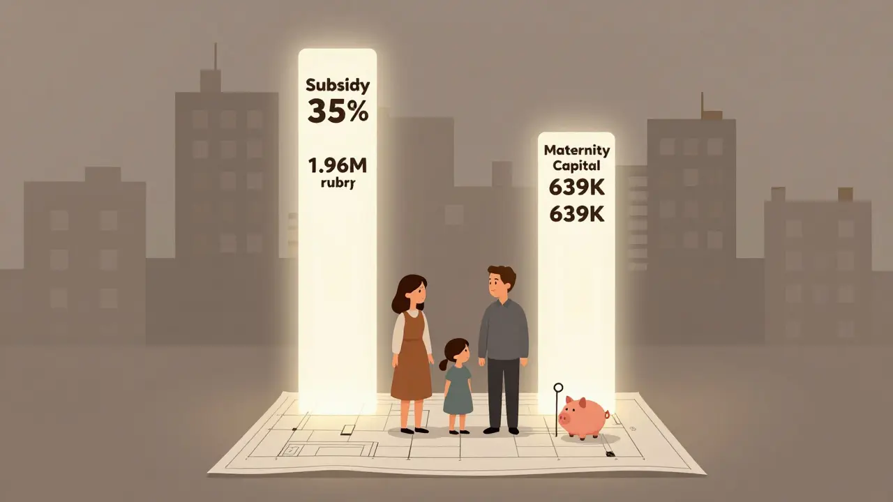 Семья стоит рядом с домом, над которым светятся субсидия и материнский капитал.