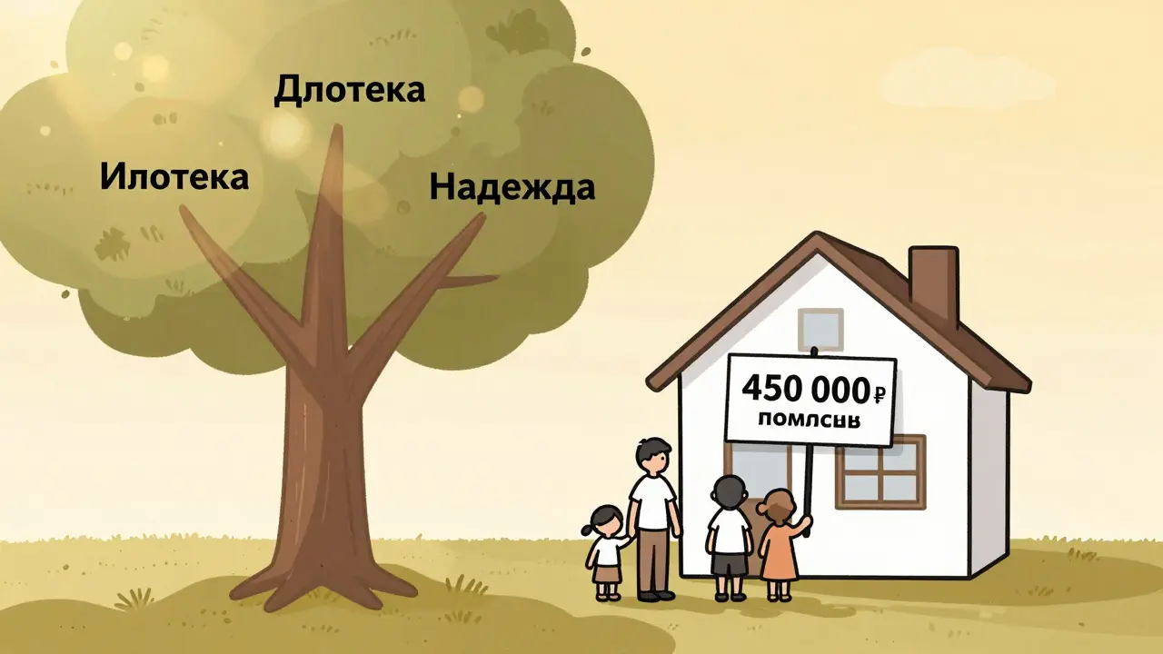 Семья стоит у дома с символом государственной помощи в 450 тысяч рублей