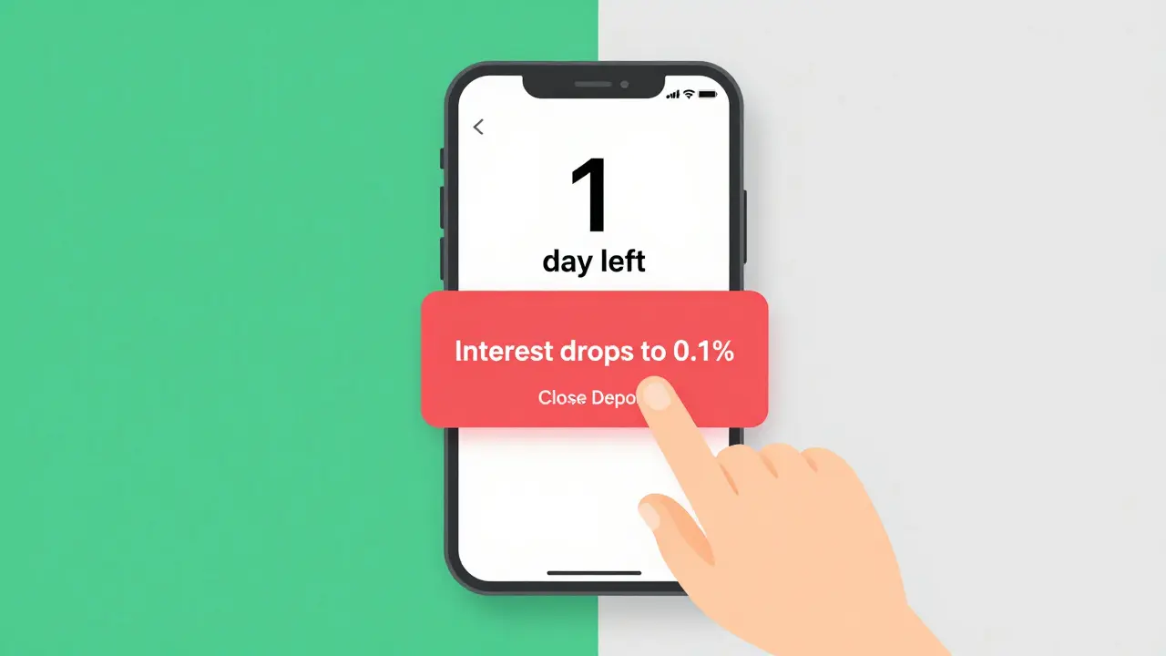 Смартфон с банк-приложением: предупреждение о падении процентов при досрочном закрытии.