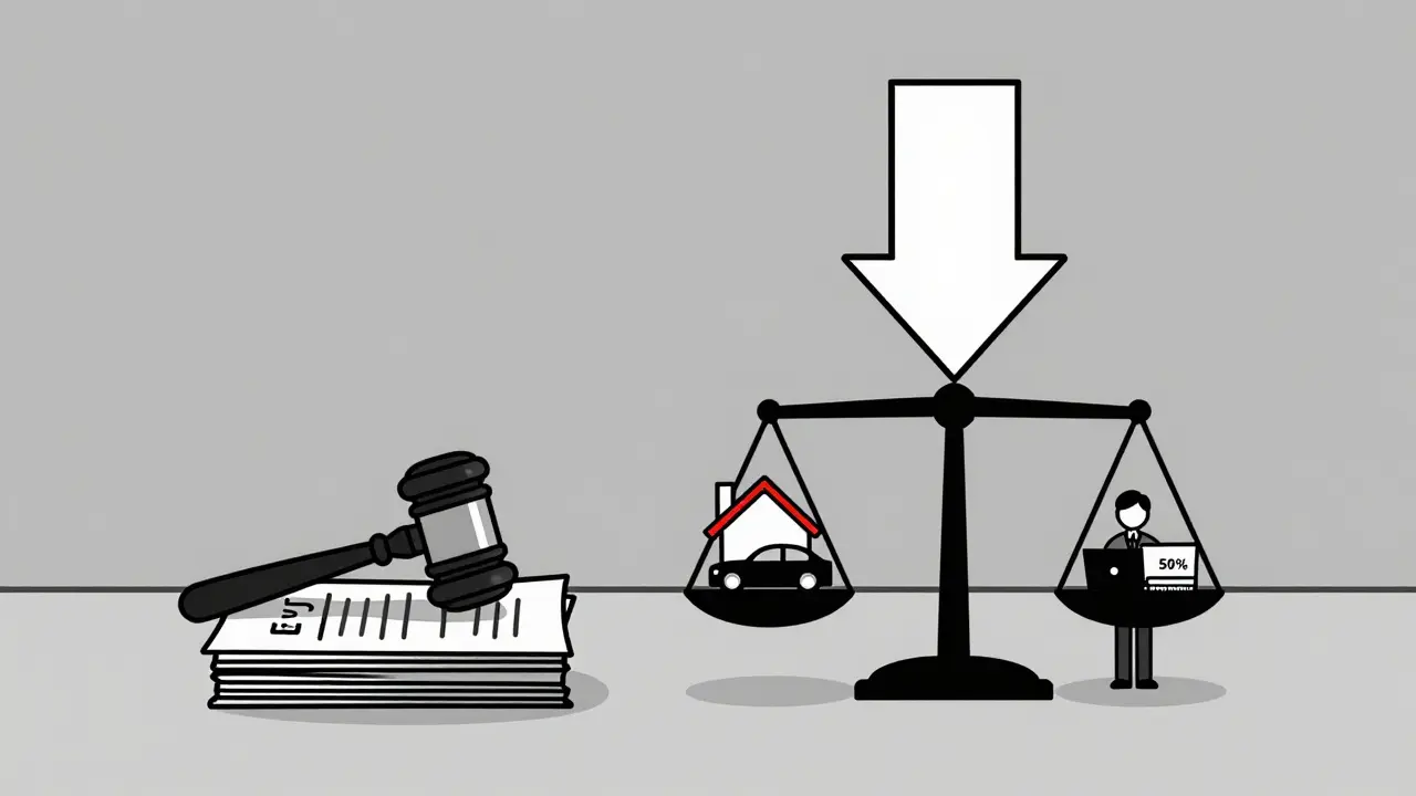 Судебное заседание: громадный вес зарплаты и имущества против маленькой суммы долга, символизирующий принудительное взыскание.