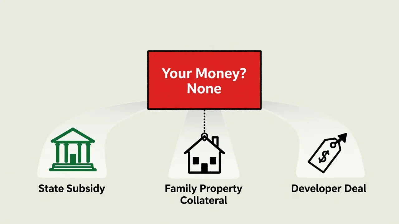 Три пути к дому: субсидия, залог недвижимости и сделка с застройщиком, но свой взнос отсутствует.