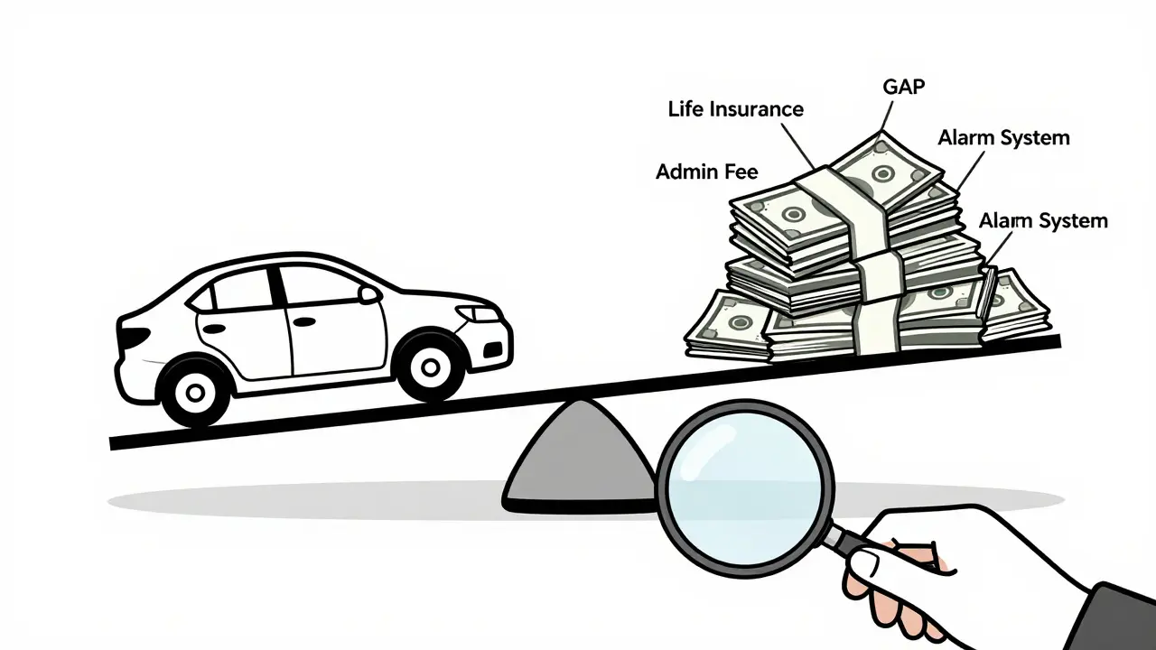 Весы, показывающие переплату за скрытые услуги при покупке автомобиля.