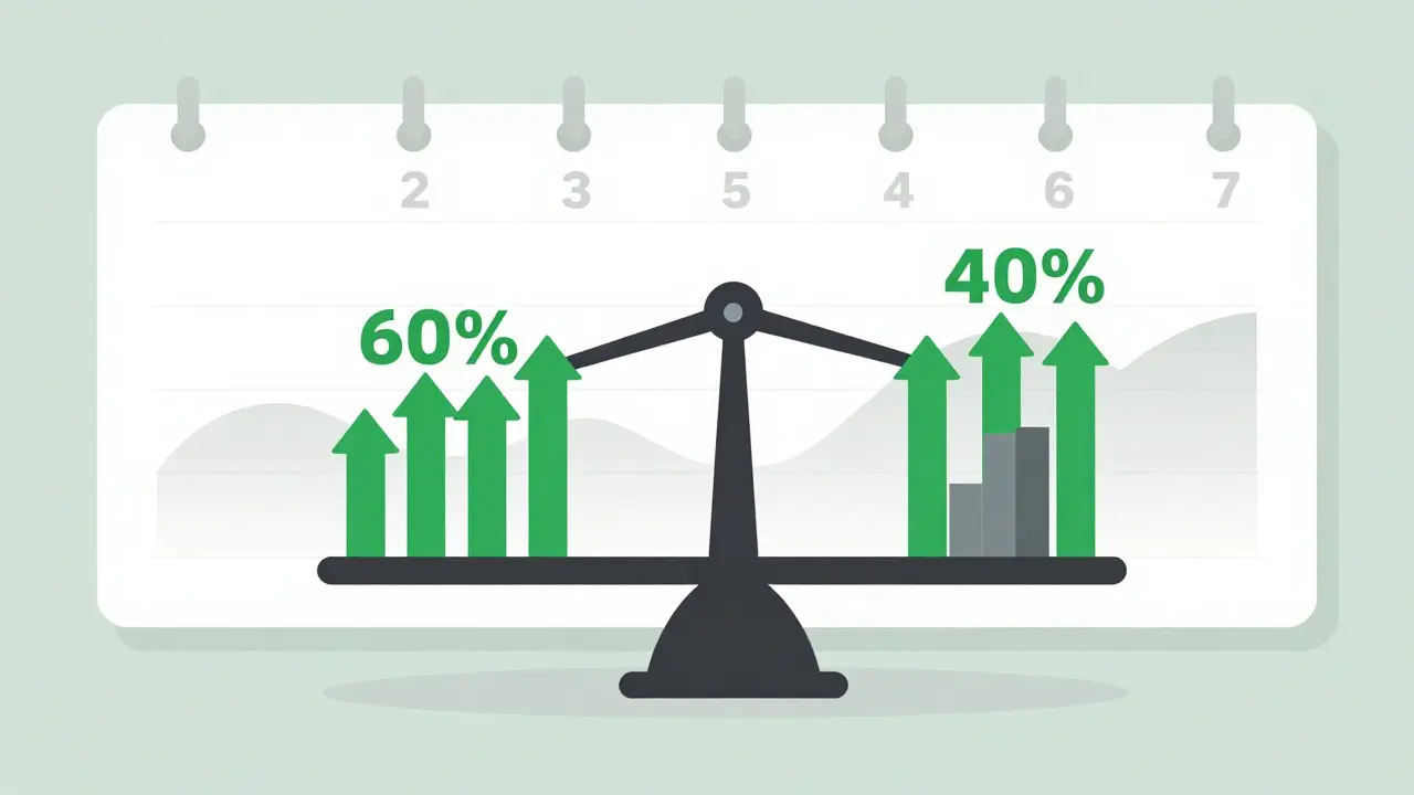 Весы с 60% зеленых стрелок и 40% серыми волнами, календарь с годами 3–7.