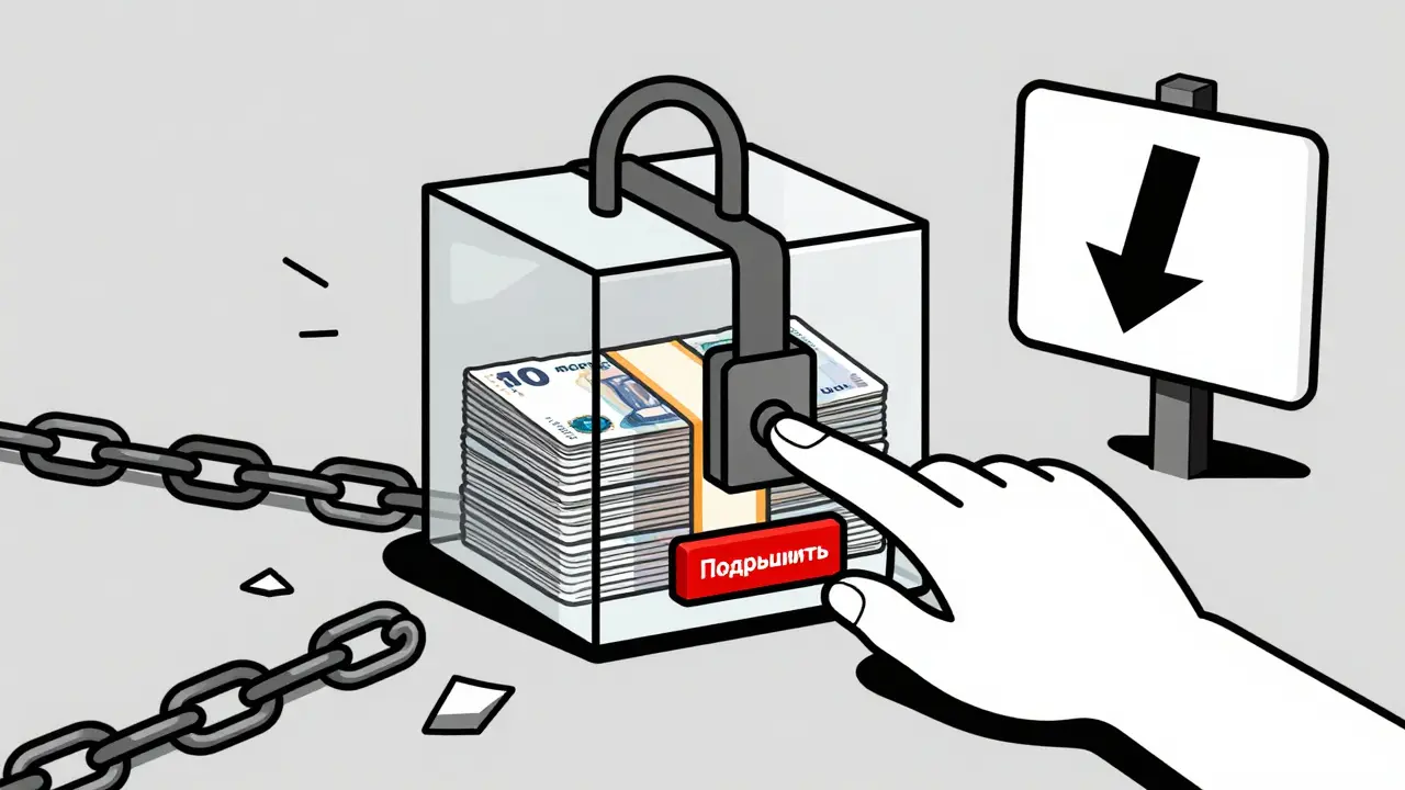 Замороженные деньги в стеклянной коробке, рука над кнопкой подтверждения, предупреждение внизу.