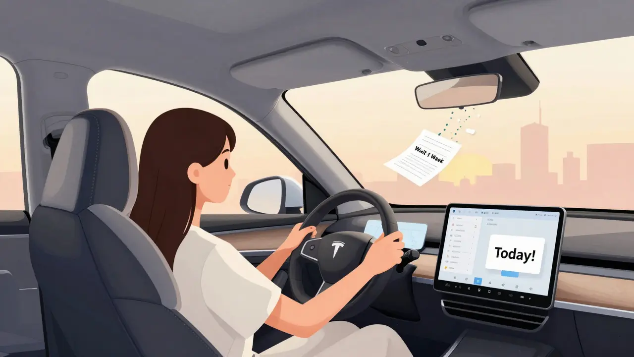 Женщина уезжает на новой машине, документы превращаются в цифровые частицы