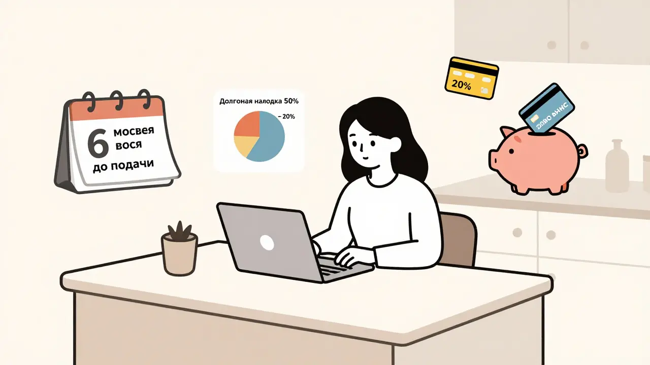Женщина за столом с графиком долговой нагрузки и закрываемыми кредитными картами.
