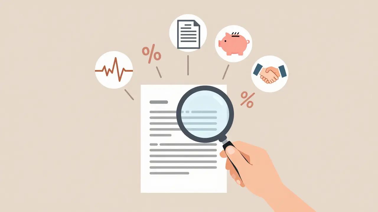Человек анализирует кредитный договор с помощью лупы и инструментов снижения ставки.