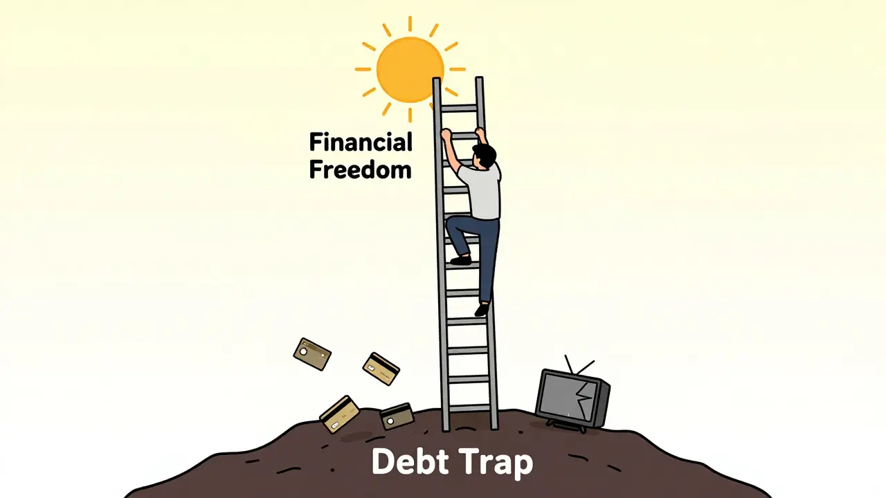 Человек лезет по лестнице к свободе, внизу — яма с кредитами и сломанным телевизором.