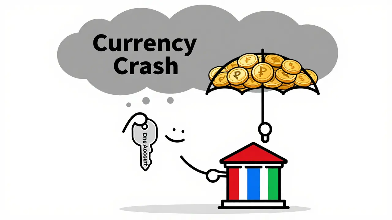 Человек с ключом от одного счета и зонтиком из монет от валютного краха
