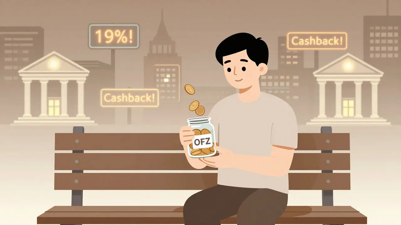 Человек с кувшином ОФЗ, позади — мерцающие банки, спокойная атмосфера.