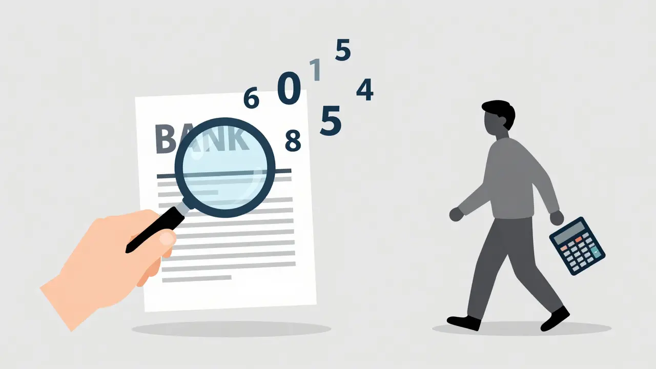 Человек с лупой разглядывает договор, где видны скрытые цифры эффективной доходности.