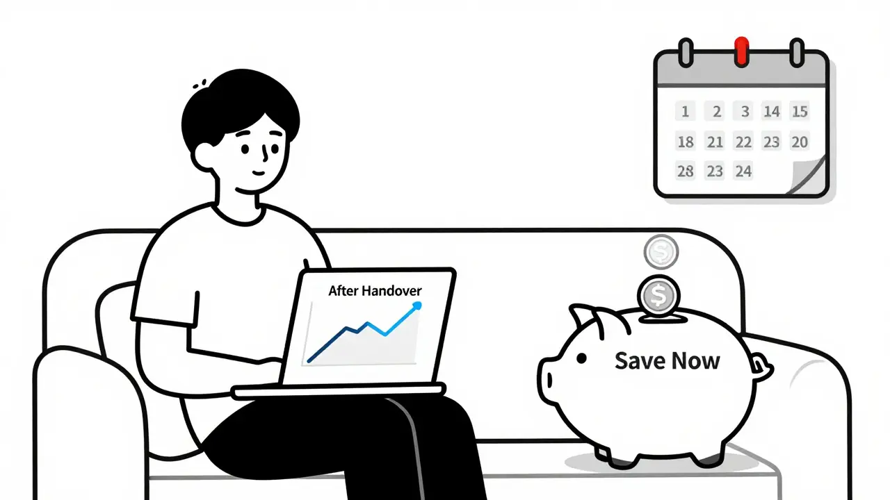 Человек с ноутбуком смотрит на график платежей, резко растущий после сдачи дома, рядом — копилка с накоплениями.