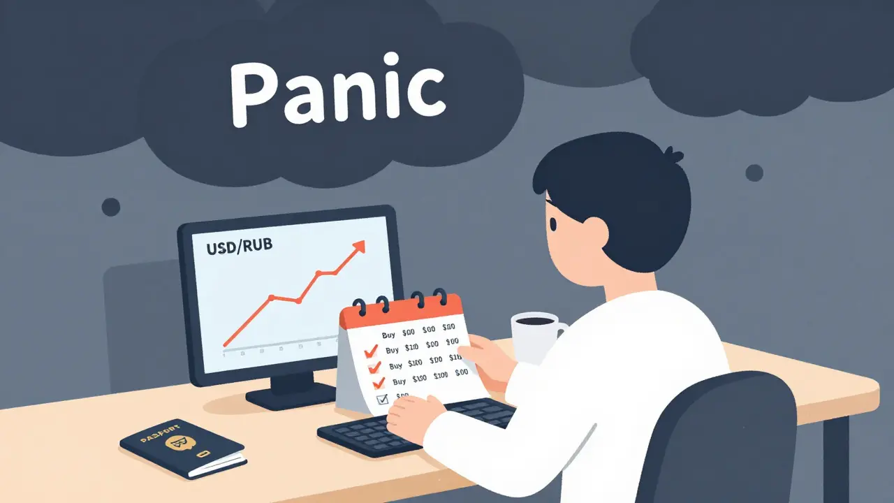 Человек спокойно покупает валюту каждый месяц, за спиной — рассеивающаяся паника, на столе — брокерский счёт и кофе.