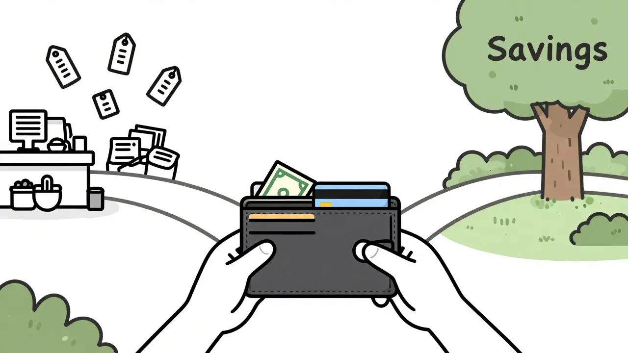 Человек стоит на перекрестке: один путь — к беспорядку трат, другой — к сбережениям.
