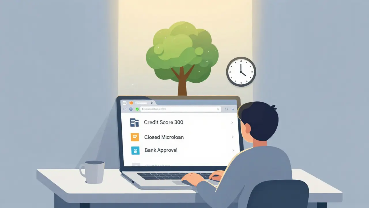 Человек за столом, кредитный рейтинг растет, из ноутбука растет дерево, символизирующее восстановление за 6 месяцев.