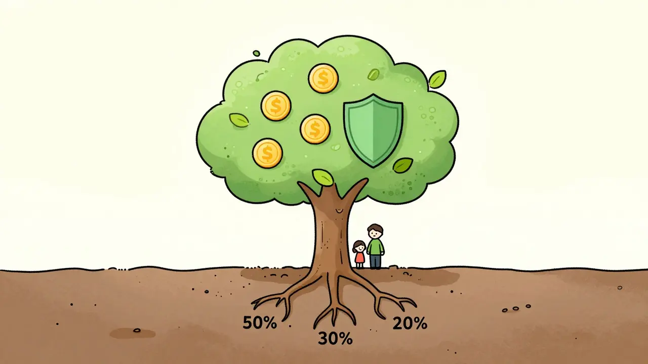 Дерево с корнями-процентами бюджета и монетами на листьях.