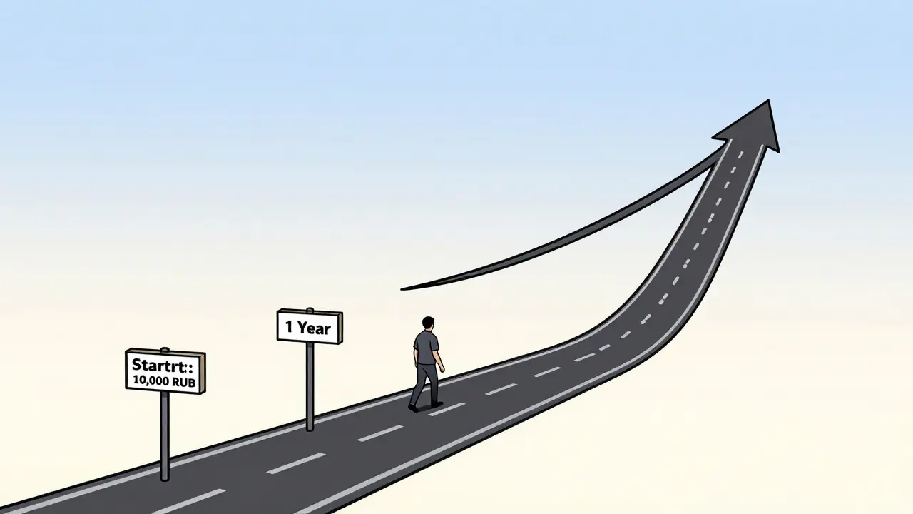 Дорога в виде графика роста с шагами от старта к пяти годам инвестирования