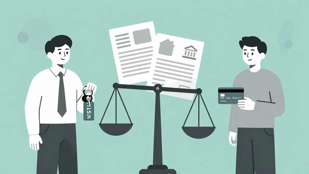 Два человека с разными процентными ставками по кредитам, между ними весы с документами.