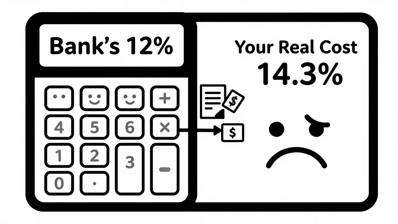 Минималистичная иллюстрация: калькулятор с двумя ставками — банковской и реальной, между ними скрытые платежи.