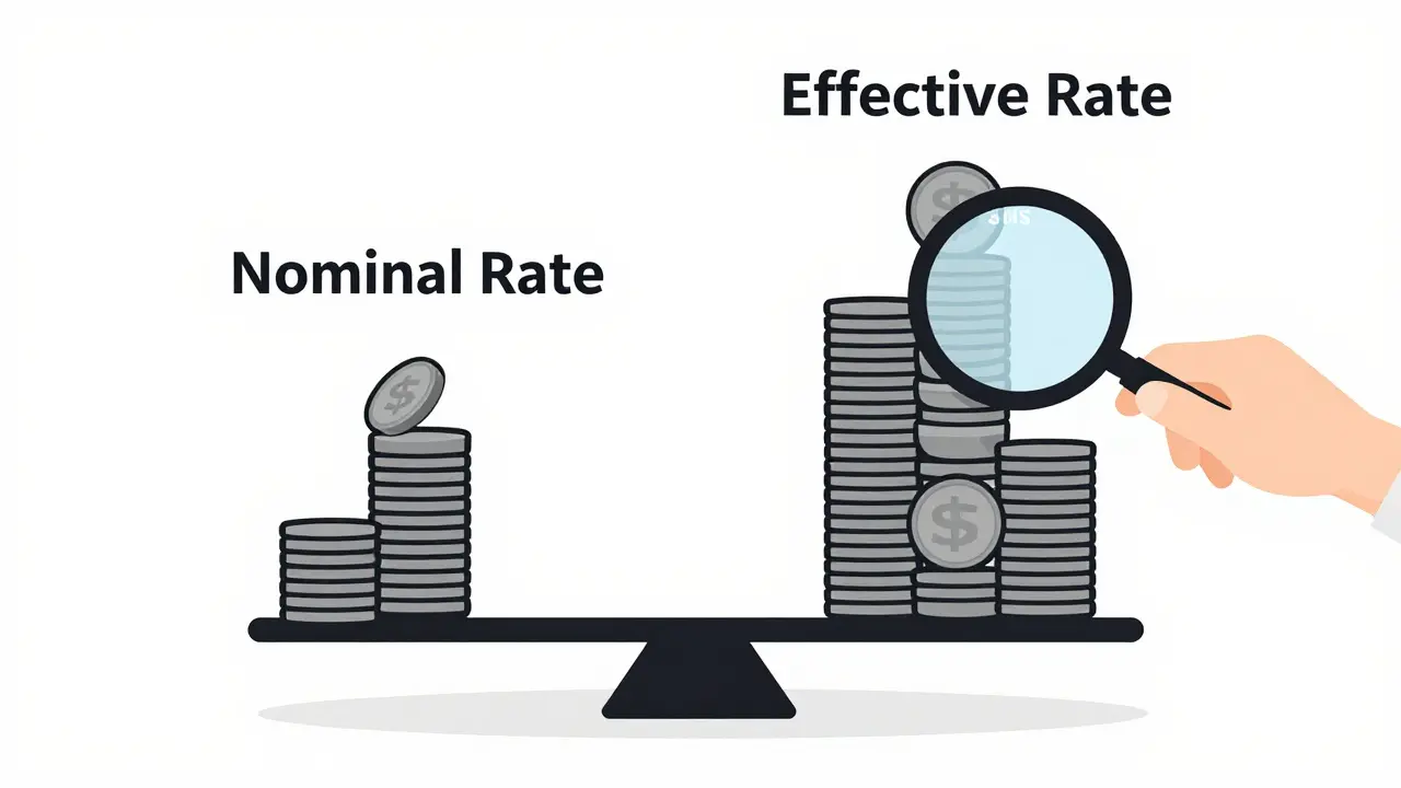 Минималистичная иллюстрация: весы с номинальной и эффективной ставкой, на тяжёлой стороне — скрытые сборы.