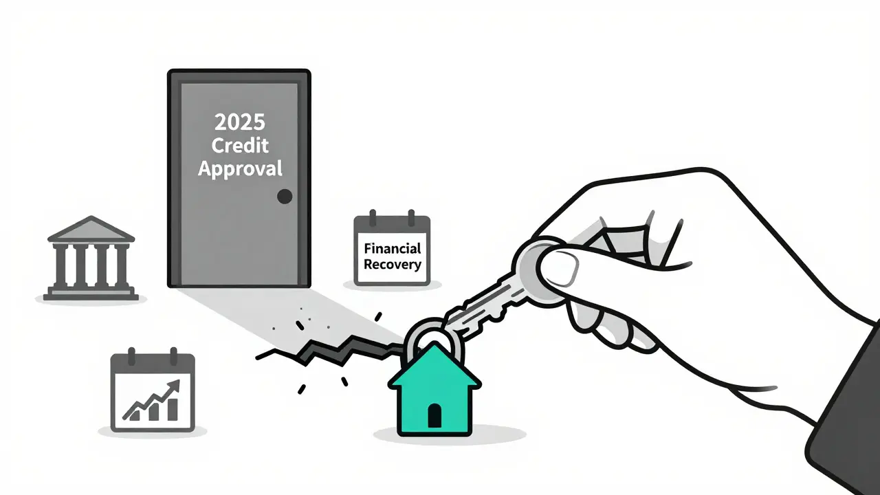 Рука вставляет ключ в замок 'Финансовое восстановление', за ней путь от разорванных цепей к двери одобрения кредита.
