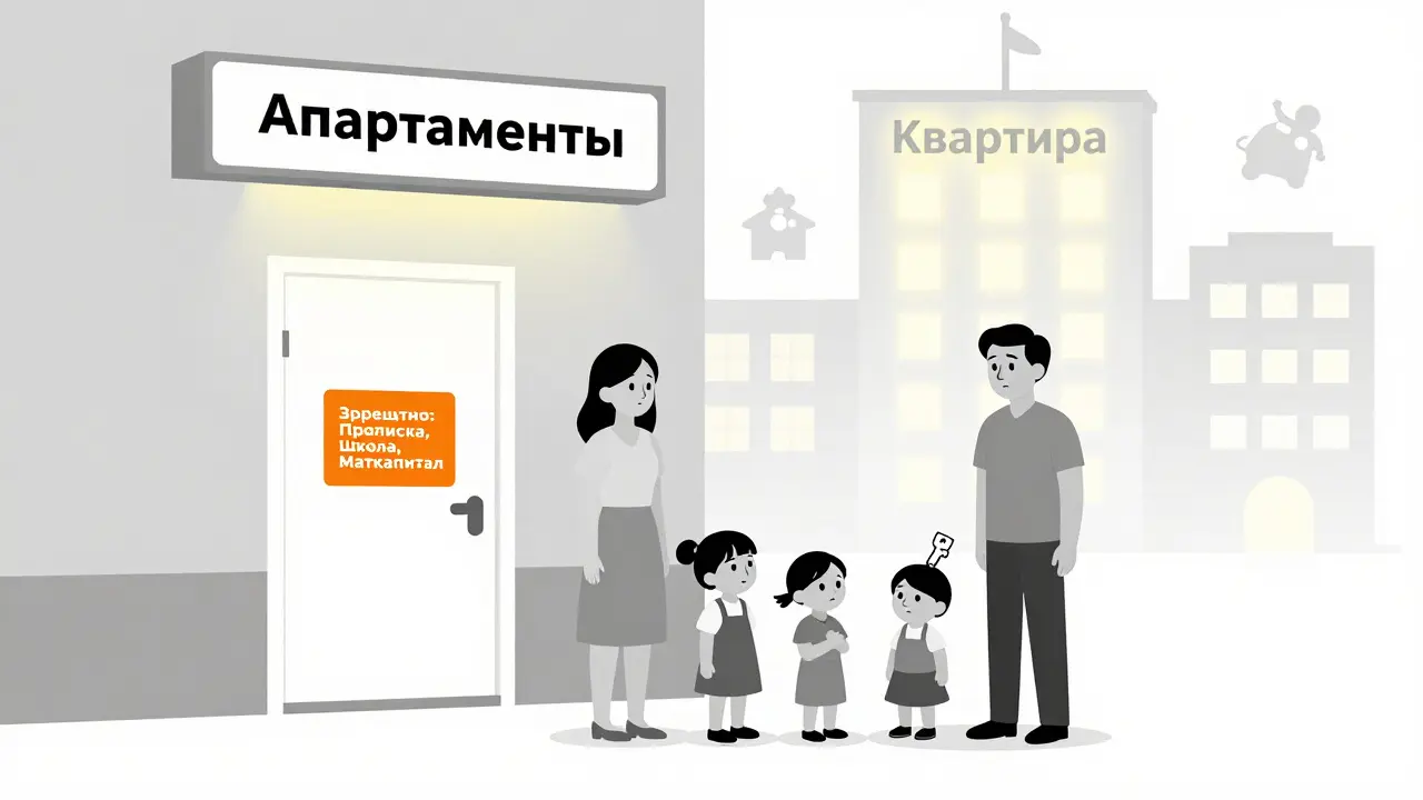 Семья перед апартаментами с запрещающими знаками, рядом — уютная квартира с льготами