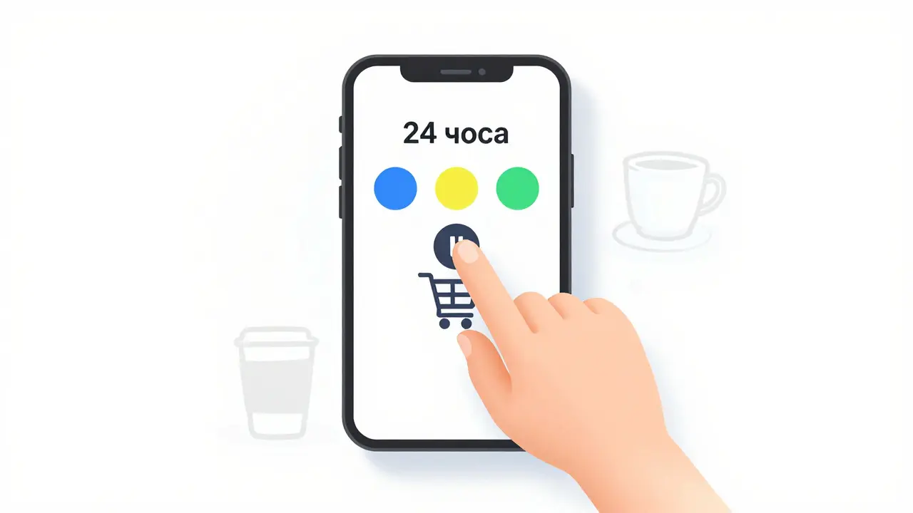 Смартфон с кнопкой задержки покупки и исчезающими товарами.