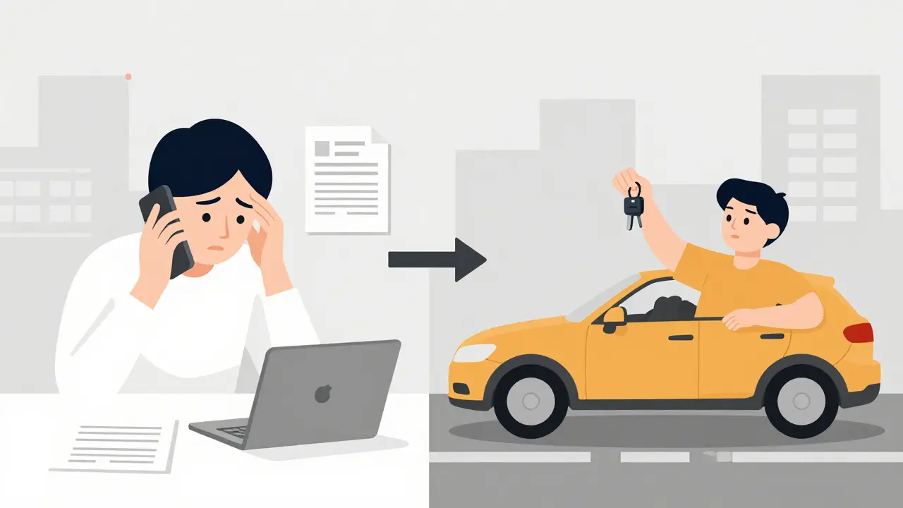 Сравнение: человек в стрессе с продажей машины онлайн и спокойно садится за руль новой.