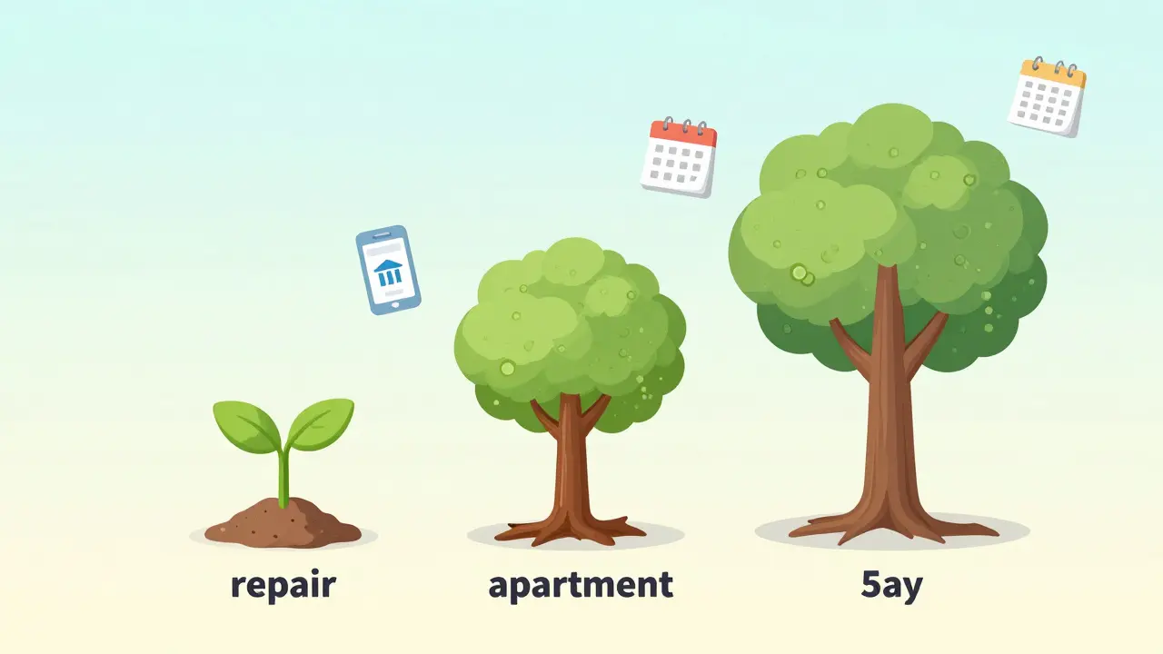 Три дерева на временной шкале символизируют цели инвестиций: ремонт, квартира и пенсия.