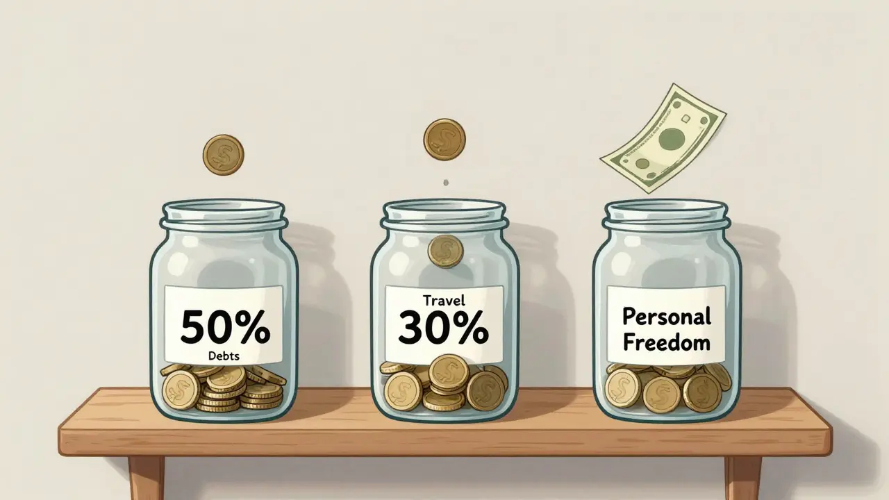 Три прозрачные банки с деньгами, распределенными по процентам: 50%, 30%, 20%.