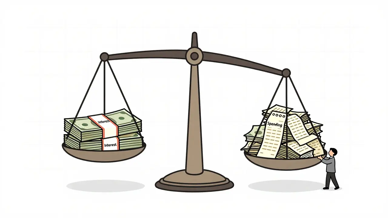 Весы: с одной стороны — проценты, с другой — гора чеков, перевешивает траты.