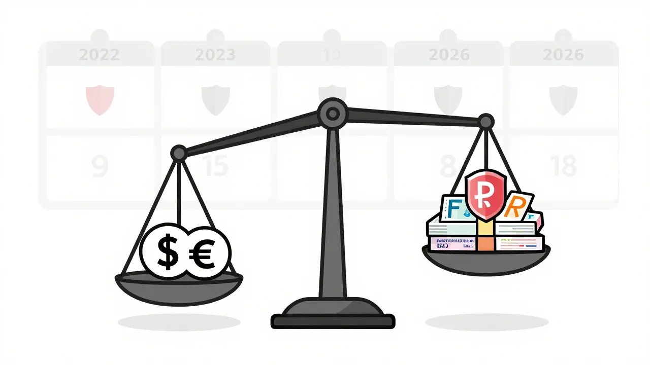 Весы с устойчивыми валютами с одной стороны и рискованными — с другой, фон — календарь 2022–2026.