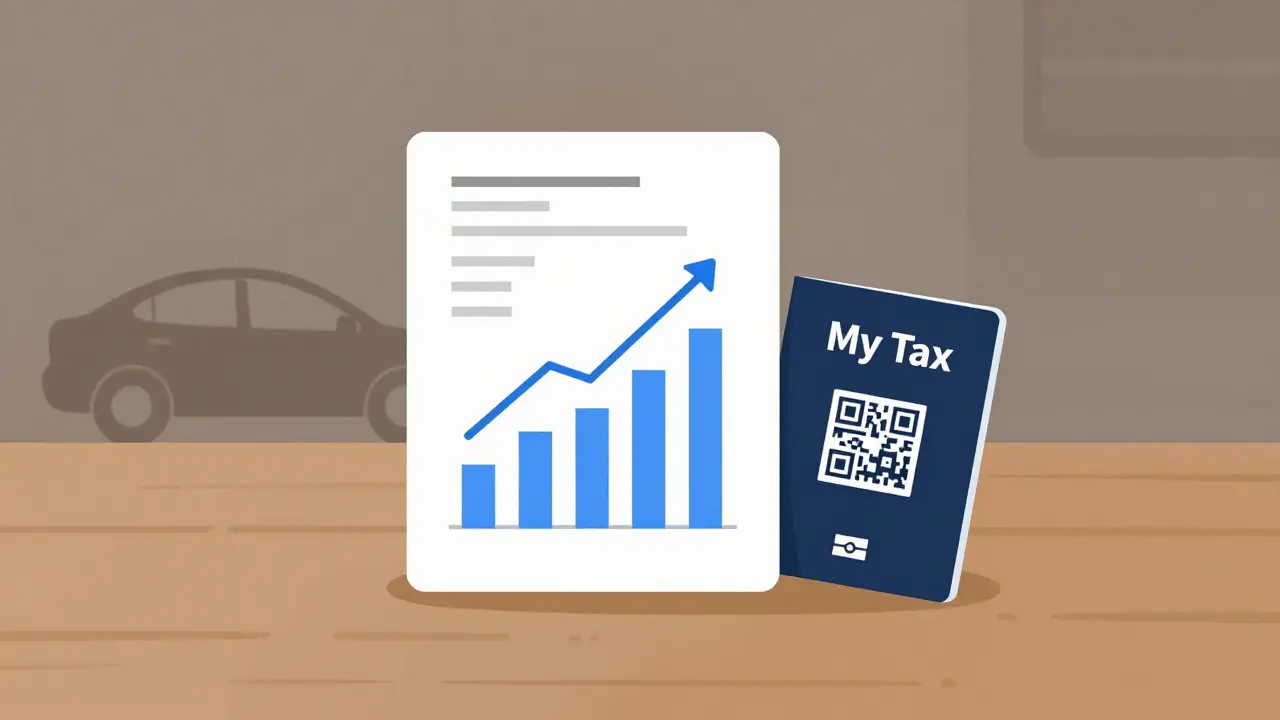 Выписка по счету с ростом доходов и QR-кодом 'Мой налог' рядом с автомобилем