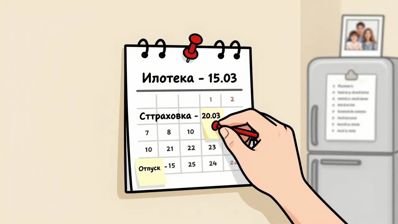 Бумажный календарь на стене с заметками о платежах и красной меткой на дате.