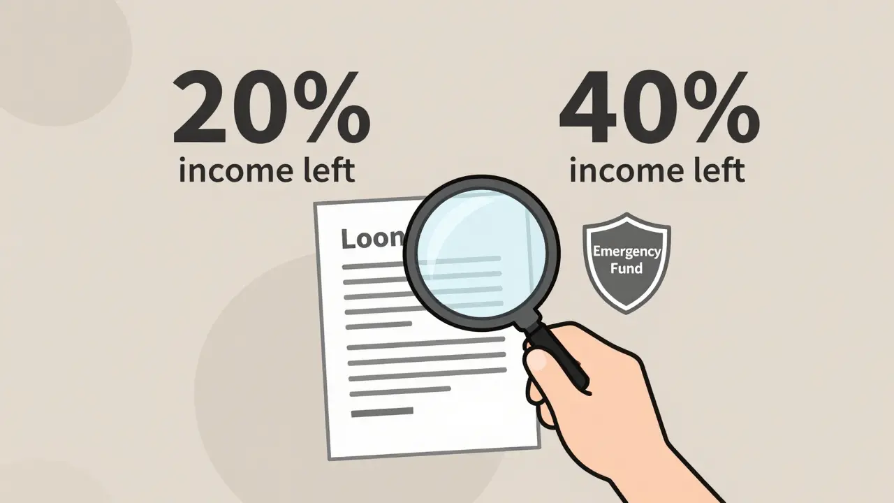 Человек анализирует кредитный договор с оценкой оставшегося дохода после платежей.