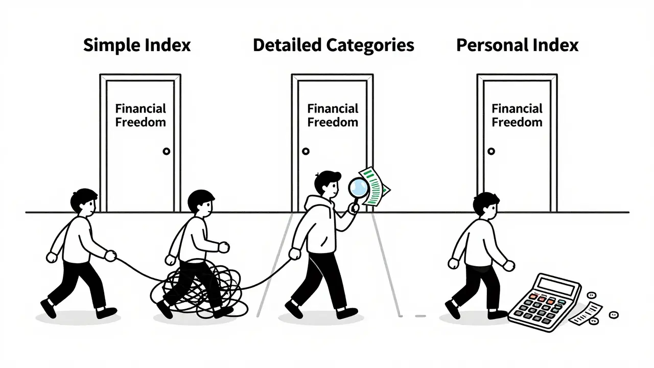 Человек идёт по пути к финансовой свободе через индексацию расходов, анализируя чеки, в отличие от других, запутавшихся в цифрах.