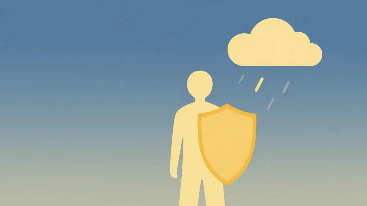 Человек с щитом против штормовых облаков, спокойная поза