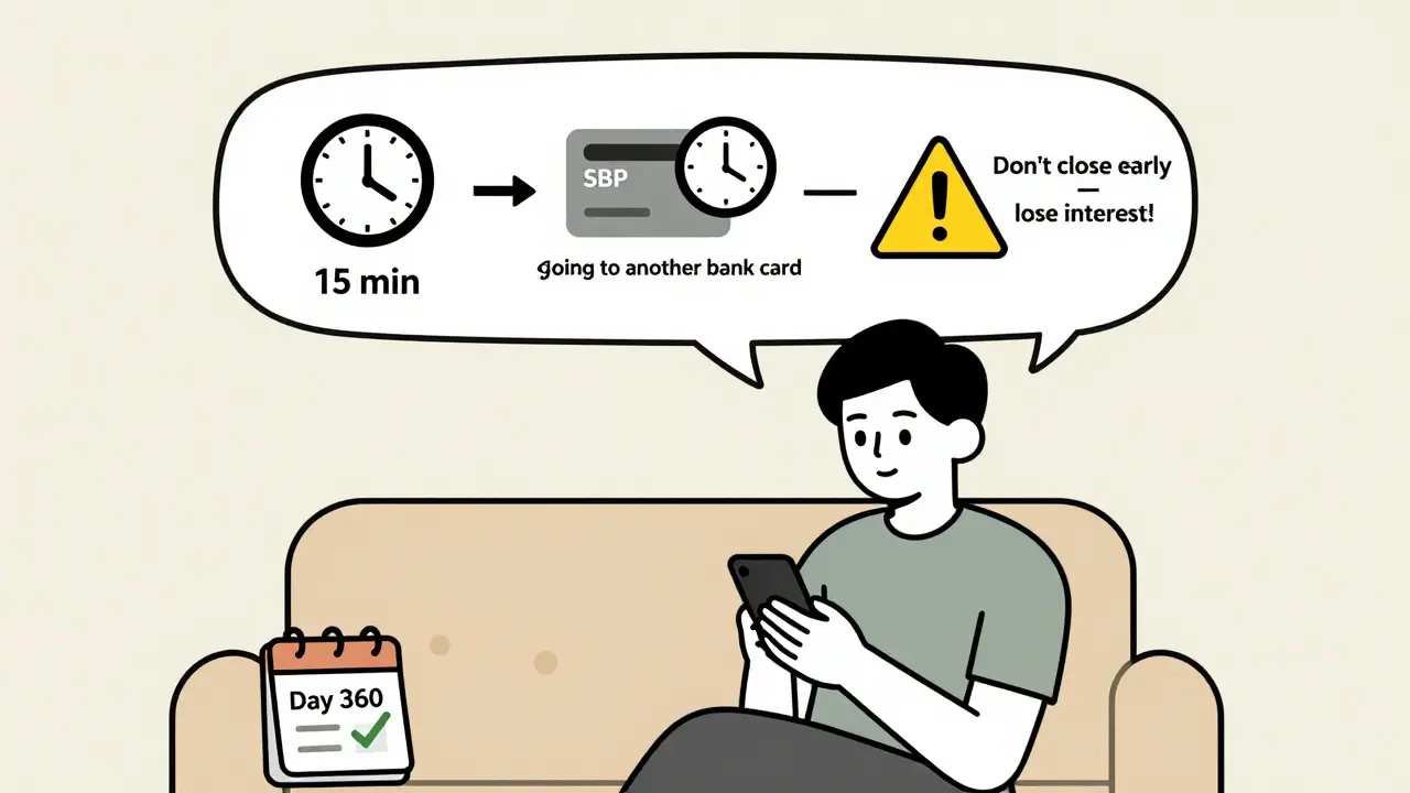 Человек с телефоном, над головой — три варианта перевода денег и предупреждение о потере процентов